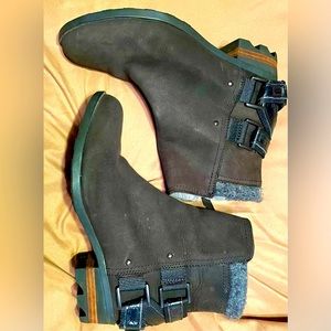 Sorel waterproof low heeled leather boot with sorel strap embellishments